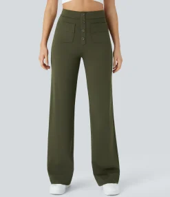 High-Waisted Pants|Straight-Leg Pants<HALARA High Waisted Button Multiple Pockets Straight Leg Casual Pants