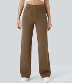 High-Waisted Pants|Straight-Leg Pants<HALARA High Waisted Button Multiple Pockets Straight Leg Casual Pants