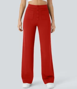 High-Waisted Pants|Straight-Leg Pants<HALARA High Waisted Button Multiple Pockets Straight Leg Casual Pants
