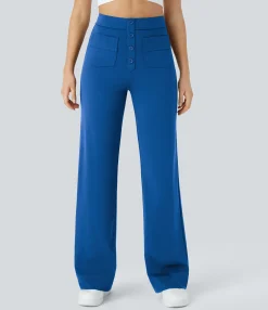 High-Waisted Pants|Straight-Leg Pants<HALARA High Waisted Button Multiple Pockets Straight Leg Casual Pants