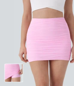 Mini Skirts|Skirts<HALARA High Waisted Contrast Mesh Ruched 2-in-1 Bodycon Mini Skirt
