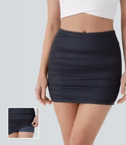Mini Skirts|Skirts<HALARA High Waisted Contrast Mesh Ruched 2-in-1 Bodycon Mini Skirt