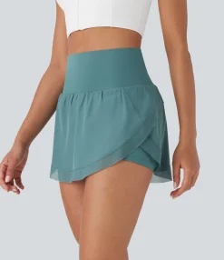 Skirts<HALARA High Waisted Contrast Mesh Curved Hem 2-in-1 Mini Yoga Skirt with Pockets