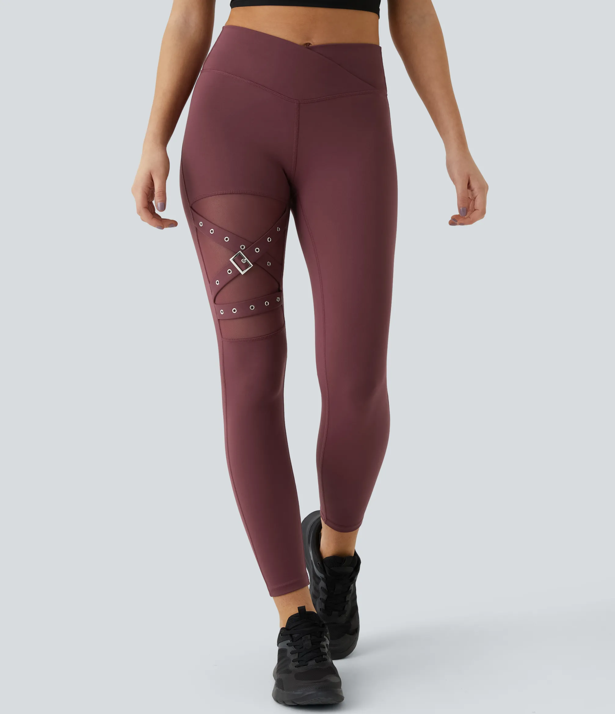Crossover Leggings|Leggings<HALARA High Waisted Crossover Contrast Mesh Decorative Buckle Yoga Leggings