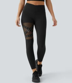 Crossover Leggings|Leggings<HALARA High Waisted Crossover Contrast Mesh Decorative Buckle Yoga Leggings