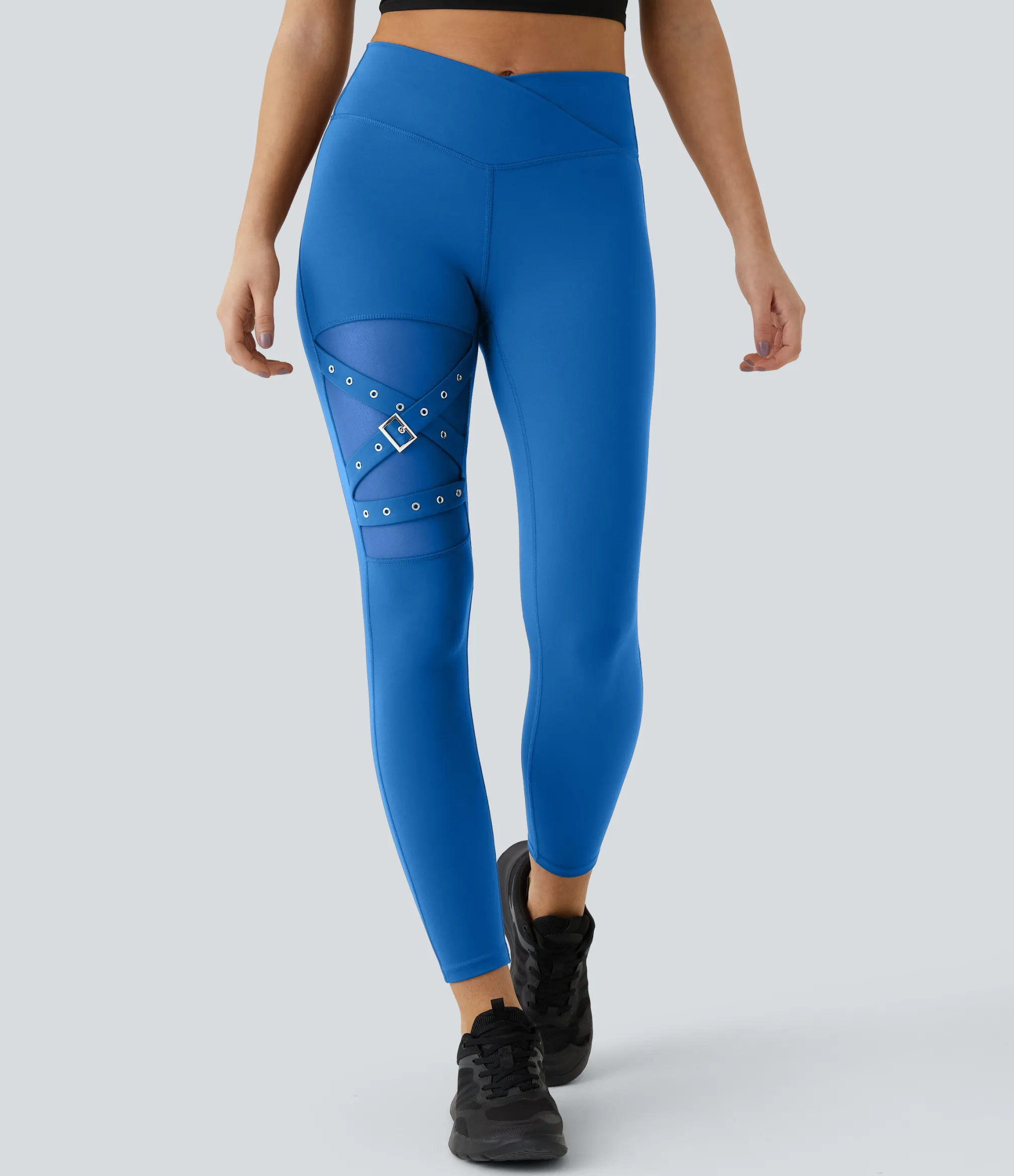 Crossover Leggings|Leggings<HALARA High Waisted Crossover Contrast Mesh Decorative Buckle Yoga Leggings