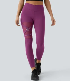 Crossover Leggings|Leggings<HALARA High Waisted Crossover Contrast Mesh Decorative Buckle Yoga Leggings