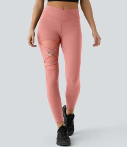 Crossover Leggings|Leggings<HALARA High Waisted Crossover Contrast Mesh Decorative Buckle Yoga Leggings
