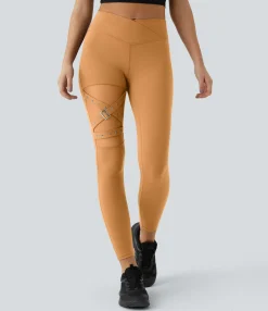 Crossover Leggings|Leggings<HALARA High Waisted Crossover Contrast Mesh Decorative Buckle Yoga Leggings