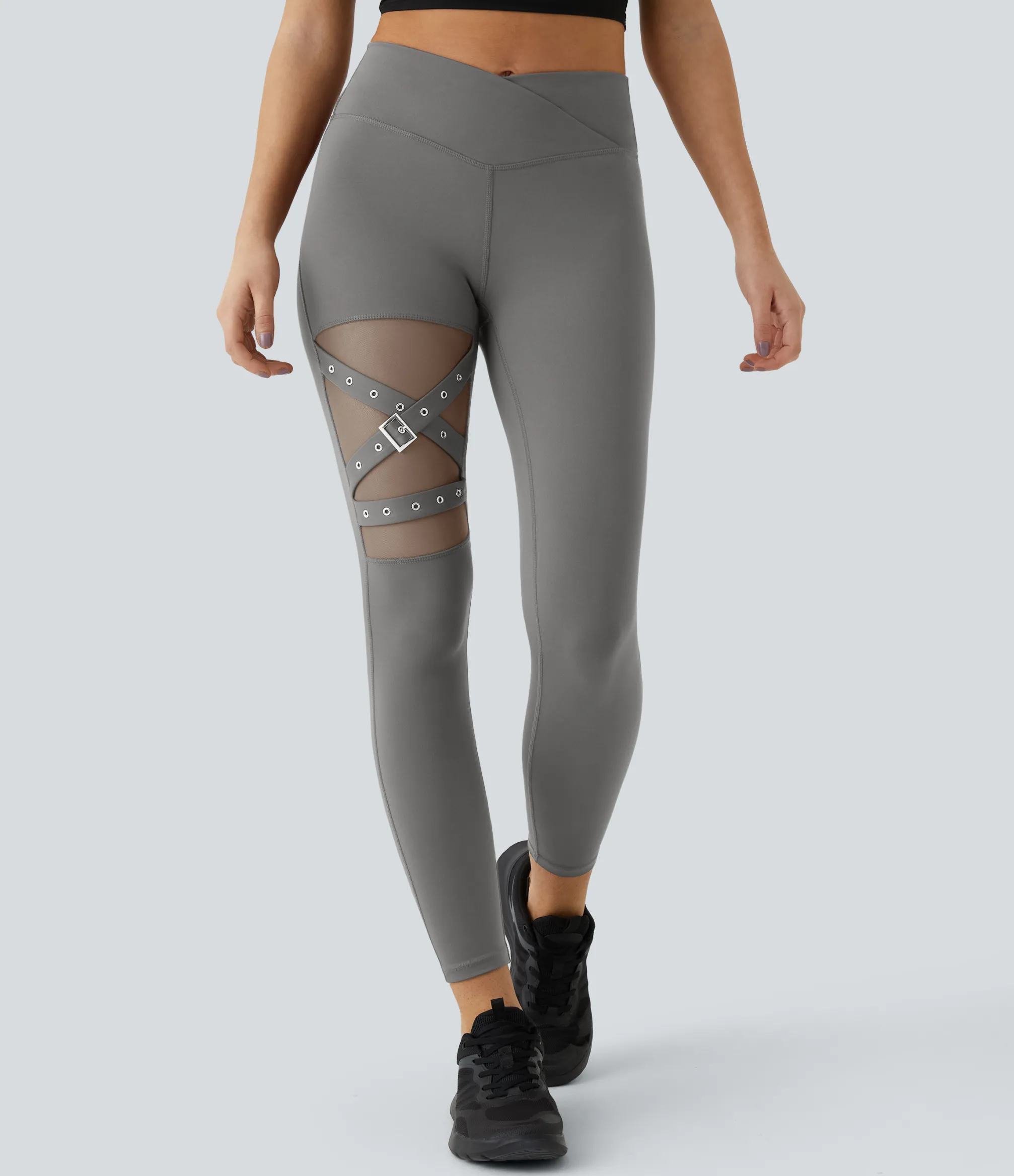 Crossover Leggings|Leggings<HALARA High Waisted Crossover Contrast Mesh Decorative Buckle Yoga Leggings