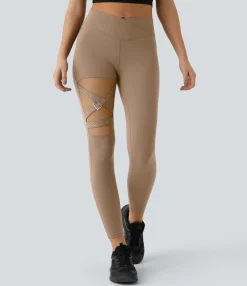 Crossover Leggings|Leggings<HALARA High Waisted Crossover Contrast Mesh Decorative Buckle Yoga Leggings