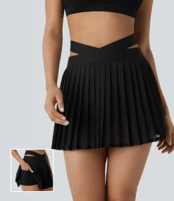 Mini Skirts|Pleated Skirts<HALARA High Waisted Crossover 2-in-1 Pocket Contrast Mesh Pleated Mini Yoga Skirt