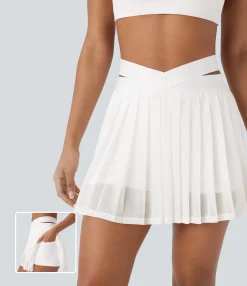 Mini Skirts|Pleated Skirts<HALARA High Waisted Crossover 2-in-1 Pocket Contrast Mesh Pleated Mini Yoga Skirt
