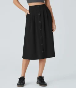 Maxi & Midi Skirts|Casual Skirts<HALARA High Waisted Decorative Pocket Waffle A Line Midi Casual Skirt