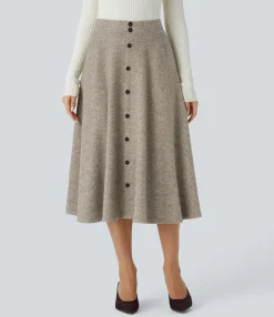 Maxi & Midi Skirts|Casual Skirts<HALARA High Waisted Decorative Pocket Midi Flare Casual Skirt