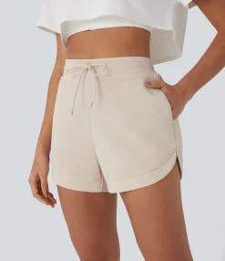 Active Shorts|Shorts<HALARA High Waisted Drawstring Contrast Mesh Curved Hem Yoga Shorts with Pockets