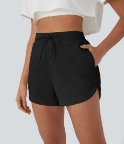 Active Shorts|Shorts<HALARA High Waisted Drawstring Contrast Mesh Curved Hem Yoga Shorts with Pockets