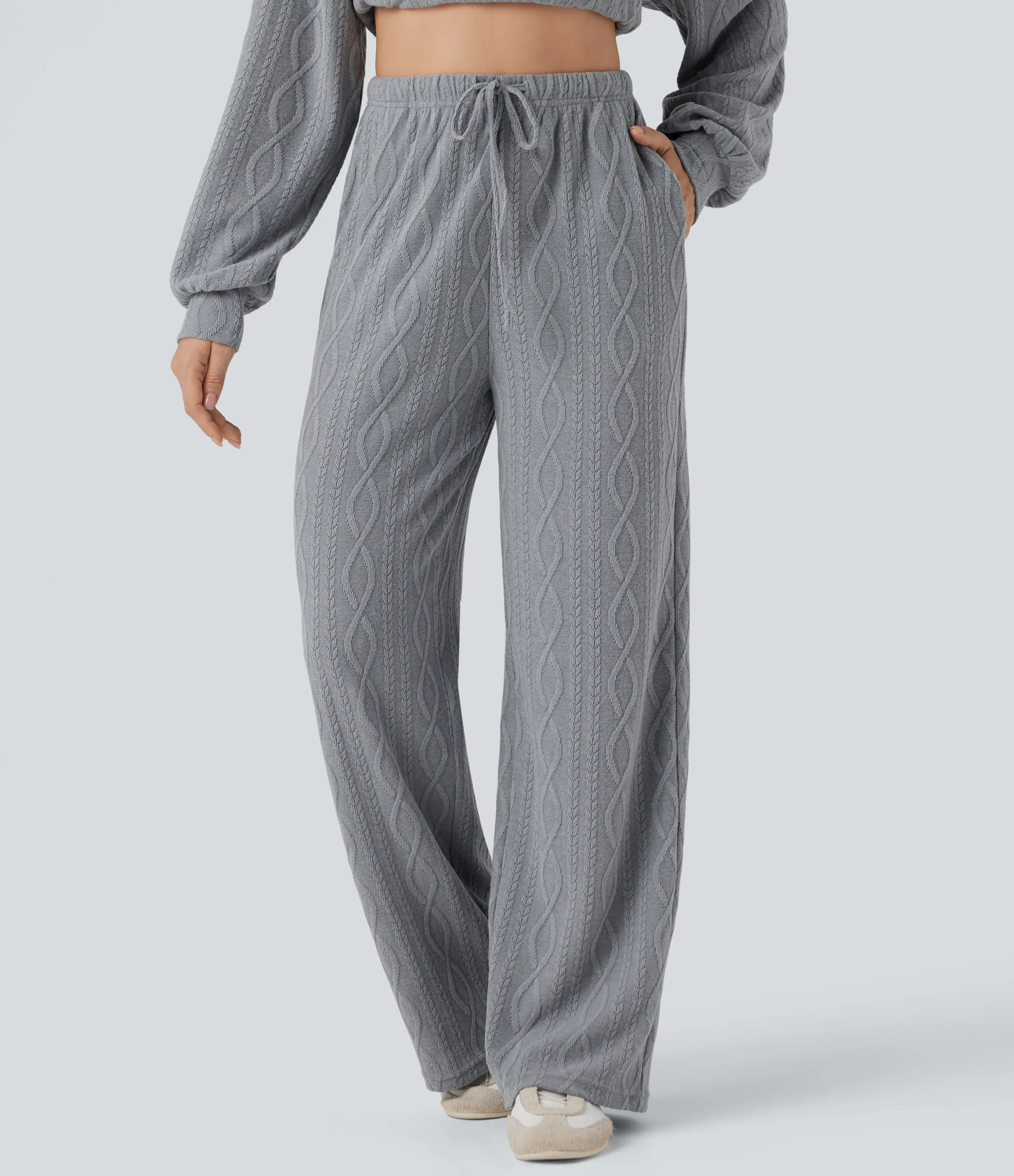 High-Waisted Pants|Pants<HALARA High Waisted Drawstring Cable Knit Casual Pants with Pockets