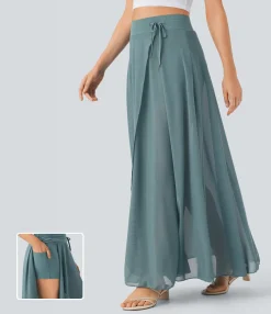 Maxi & Midi Skirts|Skirts<HALARA High Waisted Drawstring Contrast Mesh 2-in-1 Pocket Flowy Maxi Flare Casual Skirt