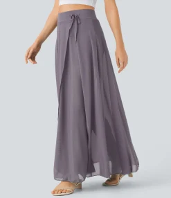 Maxi & Midi Skirts|Skirts<HALARA High Waisted Drawstring Contrast Mesh 2-in-1 Pocket Flowy Maxi Flare Casual Skirt