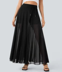 Maxi & Midi Skirts|Skirts<HALARA High Waisted Drawstring Contrast Mesh 2-in-1 Pocket Flowy Maxi Flare Casual Skirt