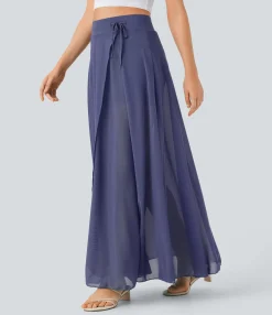 Maxi & Midi Skirts|Skirts<HALARA High Waisted Drawstring Contrast Mesh 2-in-1 Pocket Flowy Maxi Flare Casual Skirt