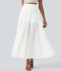 Maxi & Midi Skirts|Skirts<HALARA High Waisted Drawstring Contrast Mesh 2-in-1 Pocket Flowy Maxi Flare Casual Skirt