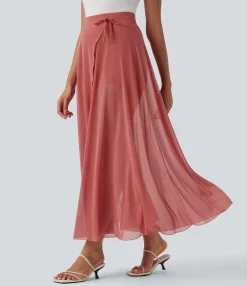 Maxi & Midi Skirts|Skirts<HALARA High Waisted Drawstring Contrast Mesh 2-in-1 Pocket Flowy Maxi Flare Casual Skirt