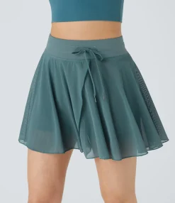 Casual Skirts|Skirts<HALARA High Waisted Drawstring Contrast Mesh 2-in-1 Pocket Flowy Mini Flare Casual Skirt