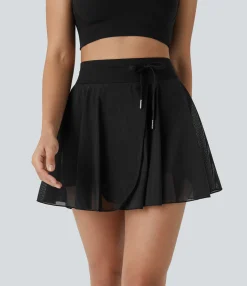 Casual Skirts|Skirts<HALARA High Waisted Drawstring Contrast Mesh 2-in-1 Pocket Flowy Mini Flare Casual Skirt