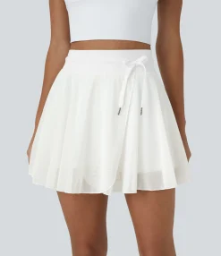 Casual Skirts|Skirts<HALARA High Waisted Drawstring Contrast Mesh 2-in-1 Pocket Flowy Mini Flare Casual Skirt