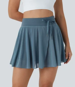 Casual Skirts|Skirts<HALARA High Waisted Drawstring Contrast Mesh 2-in-1 Pocket Flowy Mini Flare Casual Skirt