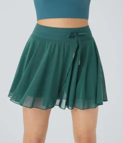 Casual Skirts|Skirts<HALARA High Waisted Drawstring Contrast Mesh 2-in-1 Pocket Flowy Mini Flare Casual Skirt
