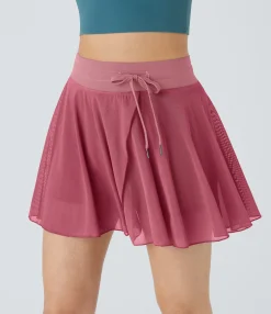 Casual Skirts|Skirts<HALARA High Waisted Drawstring Contrast Mesh 2-in-1 Pocket Flowy Mini Flare Casual Skirt