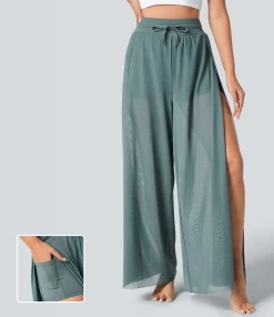 High-Waisted Pants|Wide-Leg Pants<HALARA High Waisted Drawstring Contrast Mesh 2-in-1 Pocket Flowy Wide Leg Yoga Pants