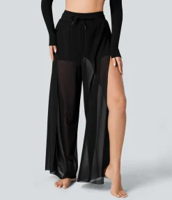 High-Waisted Pants|Wide-Leg Pants<HALARA High Waisted Drawstring Contrast Mesh 2-in-1 Pocket Flowy Wide Leg Yoga Pants