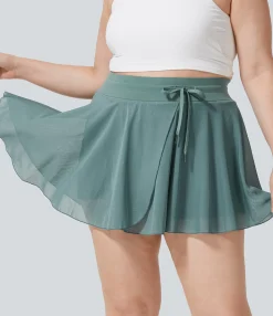 Plus Size<HALARA High Waisted Drawstring Contrast Mesh 2-in-1 Pocket Flowy Mini Flare Casual Plus Size Skirt