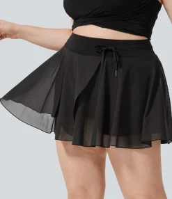 Plus Size<HALARA High Waisted Drawstring Contrast Mesh 2-in-1 Pocket Flowy Mini Flare Casual Plus Size Skirt