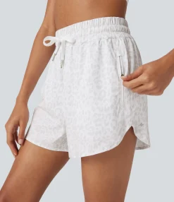 Active Shorts|Shorts<HALARA High Waisted Drawstring Curved Hem Leopard Print 2-in-1 Workout Shorts with Pockets