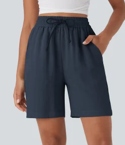 Shorts<HALARA High Waisted Drawstring Casual Linen-Feel Shorts with Pockets