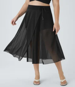 Maxi & Midi Skirts|Plus Size<HALARA High Waisted Drawstring Contrast Mesh 2-in-1 Pocket Flowy Midi Flare Casual Plus Size Skirt