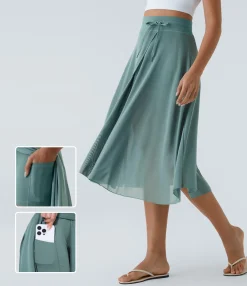 Maxi & Midi Skirts|Skirts<HALARA High Waisted Drawstring Contrast Mesh 2-in-1 Pocket Flowy Midi Flare Casual Skirt
