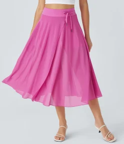 Maxi & Midi Skirts|Skirts<HALARA High Waisted Drawstring Contrast Mesh 2-in-1 Pocket Flowy Midi Flare Casual Skirt
