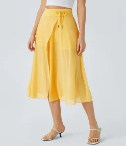 Maxi & Midi Skirts|Skirts<HALARA High Waisted Drawstring Contrast Mesh 2-in-1 Pocket Flowy Midi Flare Casual Skirt