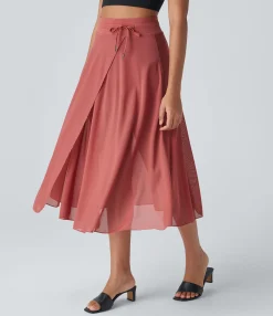 Maxi & Midi Skirts|Skirts<HALARA High Waisted Drawstring Contrast Mesh 2-in-1 Pocket Flowy Midi Flare Casual Skirt