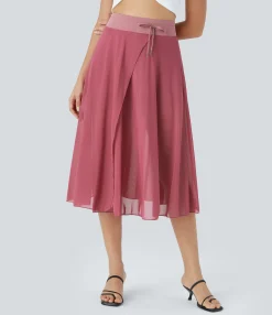Maxi & Midi Skirts|Skirts<HALARA High Waisted Drawstring Contrast Mesh 2-in-1 Pocket Flowy Midi Flare Casual Skirt