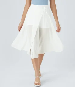 Maxi & Midi Skirts|Skirts<HALARA High Waisted Drawstring Contrast Mesh 2-in-1 Pocket Flowy Midi Flare Casual Skirt