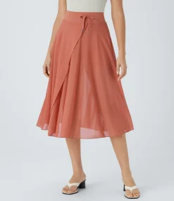 Maxi & Midi Skirts|Skirts<HALARA High Waisted Drawstring Contrast Mesh 2-in-1 Pocket Flowy Midi Flare Casual Skirt