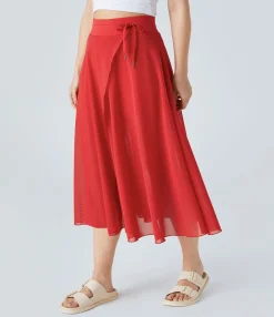 Maxi & Midi Skirts|Skirts<HALARA High Waisted Drawstring Contrast Mesh 2-in-1 Pocket Flowy Midi Flare Casual Skirt