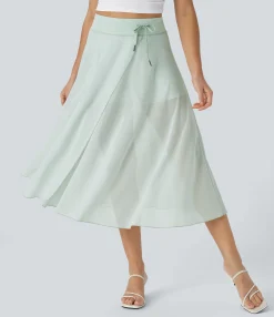 Maxi & Midi Skirts|Skirts<HALARA High Waisted Drawstring Contrast Mesh 2-in-1 Pocket Flowy Midi Flare Casual Skirt